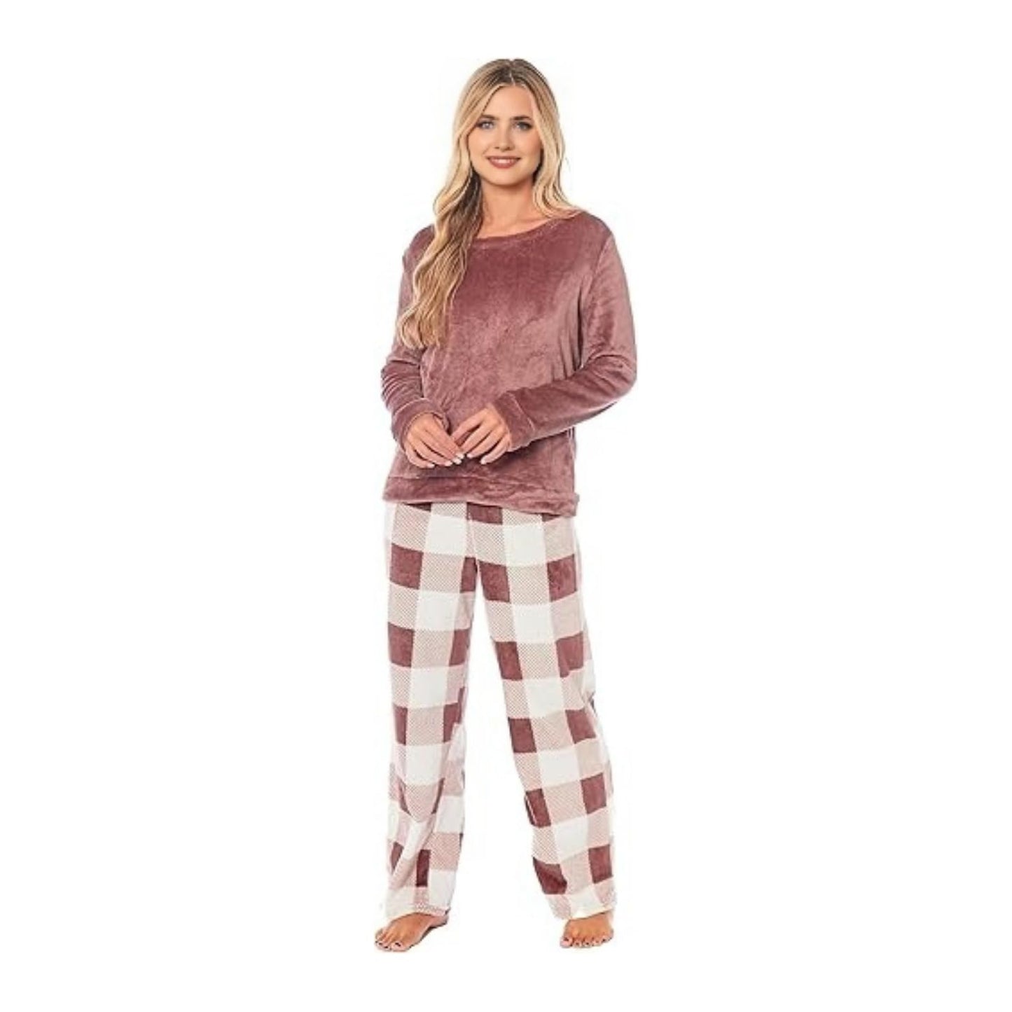 NFK Textile Cozy Buffalo Check Pattern Women's Pyjama Sets - Super Soft Teddy Fleece Lounge Wear Ladies PJ's Snuggle