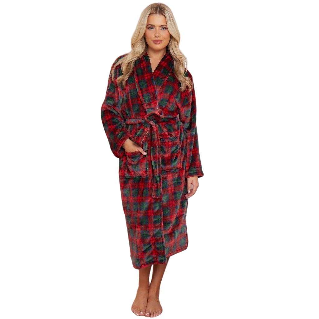 NFK Textile 100% Flannel Fleece Luxury Check Bathrobe Super Soft & Warm Dressing Gown Bath Robe Shawl Collar Style Bathrobes