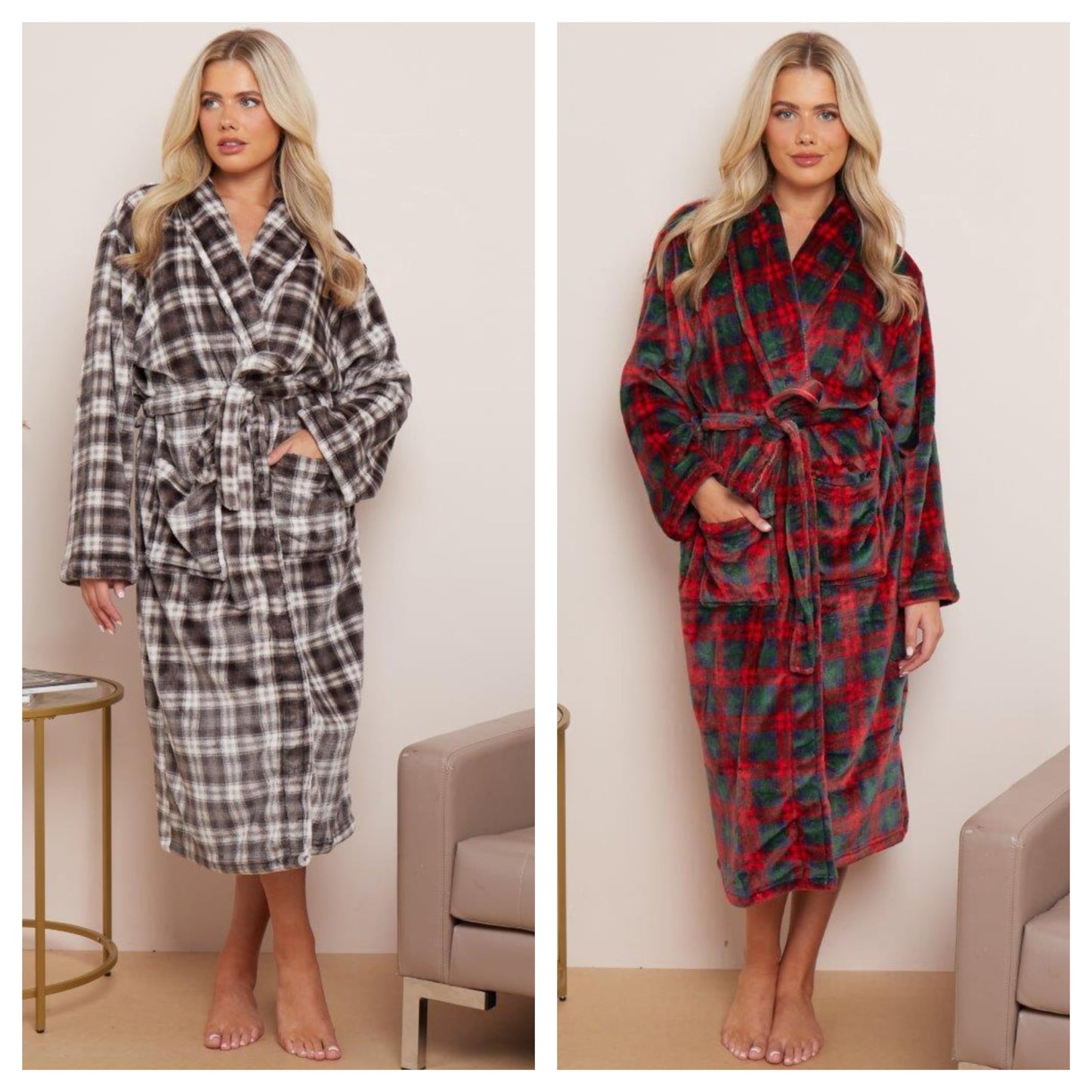NFK Textile 100% Flannel Fleece Luxury Check Bathrobe Super Soft & Warm Dressing Gown Bath Robe Shawl Collar Style Bathrobes