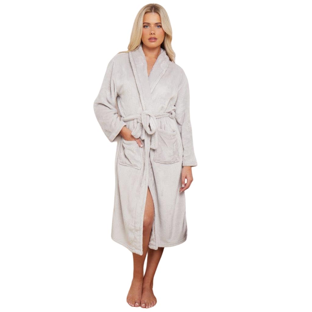 NFK Textile 100% Polyester Flannel Fleece Bathrobe Ladies Soft Grown Dressing Shawl Collar Floral, Plain & Tarten Check Fleece Style Warm Bathrobe