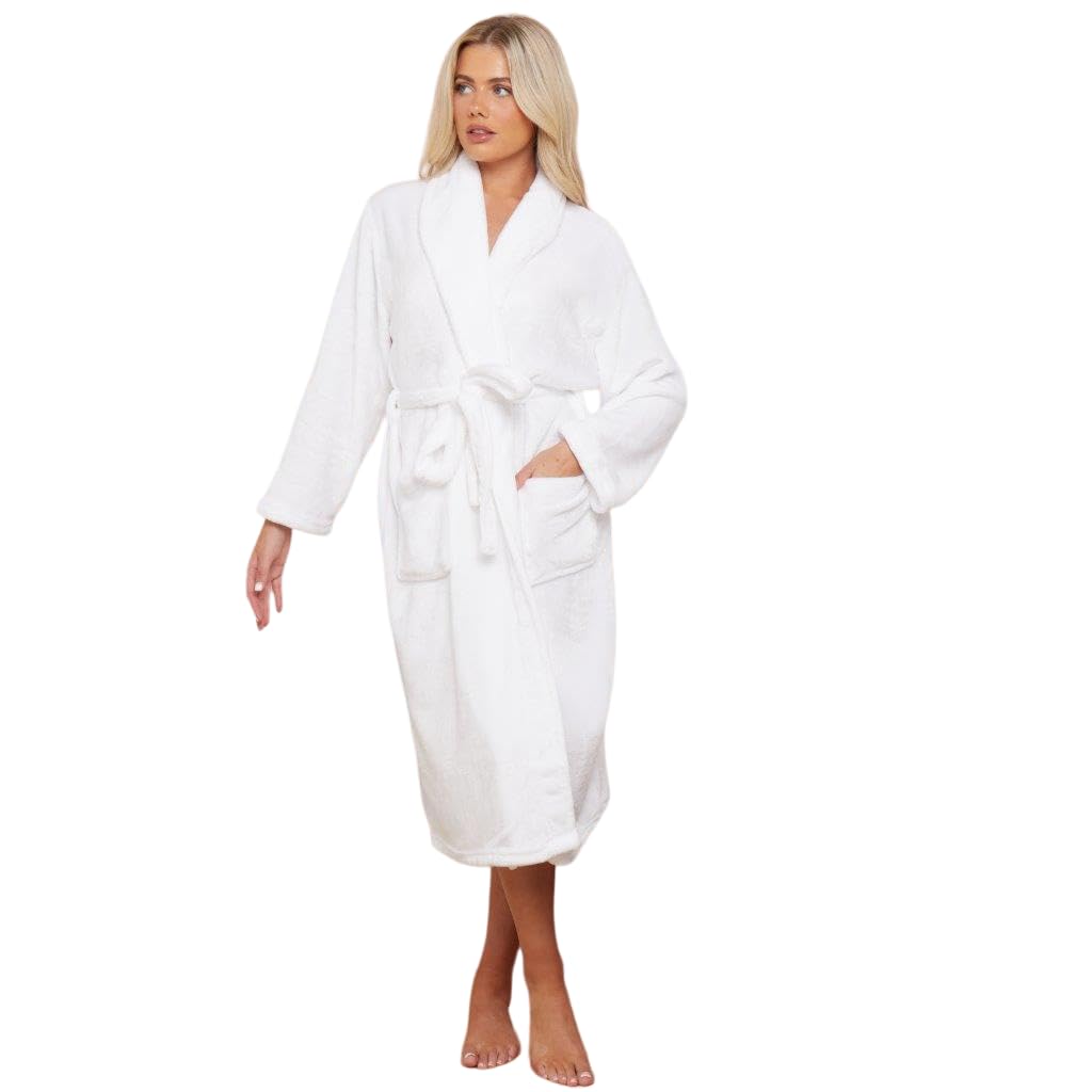 NFK Textile 100% Polyester Flannel Fleece Bathrobe Ladies Soft Grown Dressing Shawl Collar Floral, Plain & Tarten Check Fleece Style Warm Bathrobe