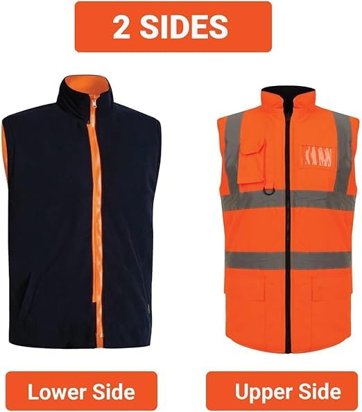 NFK TEXTILE 100% Polyester Waterproof Waistcoat Hi Viz Vest Super Soft Body Warmer Reversible Fleece Gilet Vest Reflective Security Work Wear Life Save Jacket