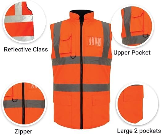 NFK TEXTILE 100% Polyester Waterproof Waistcoat Hi Viz Vest Super Soft Body Warmer Reversible Fleece Gilet Vest Reflective Security Work Wear Life Save Jacket
