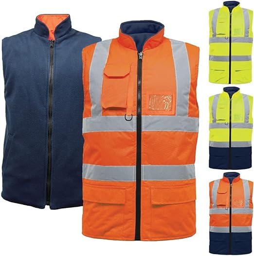 NFK TEXTILE 100% Polyester Waterproof Waistcoat Hi Viz Vest Super Soft Body Warmer Reversible Fleece Gilet Vest Reflective Security Work Wear Life Save Jacket
