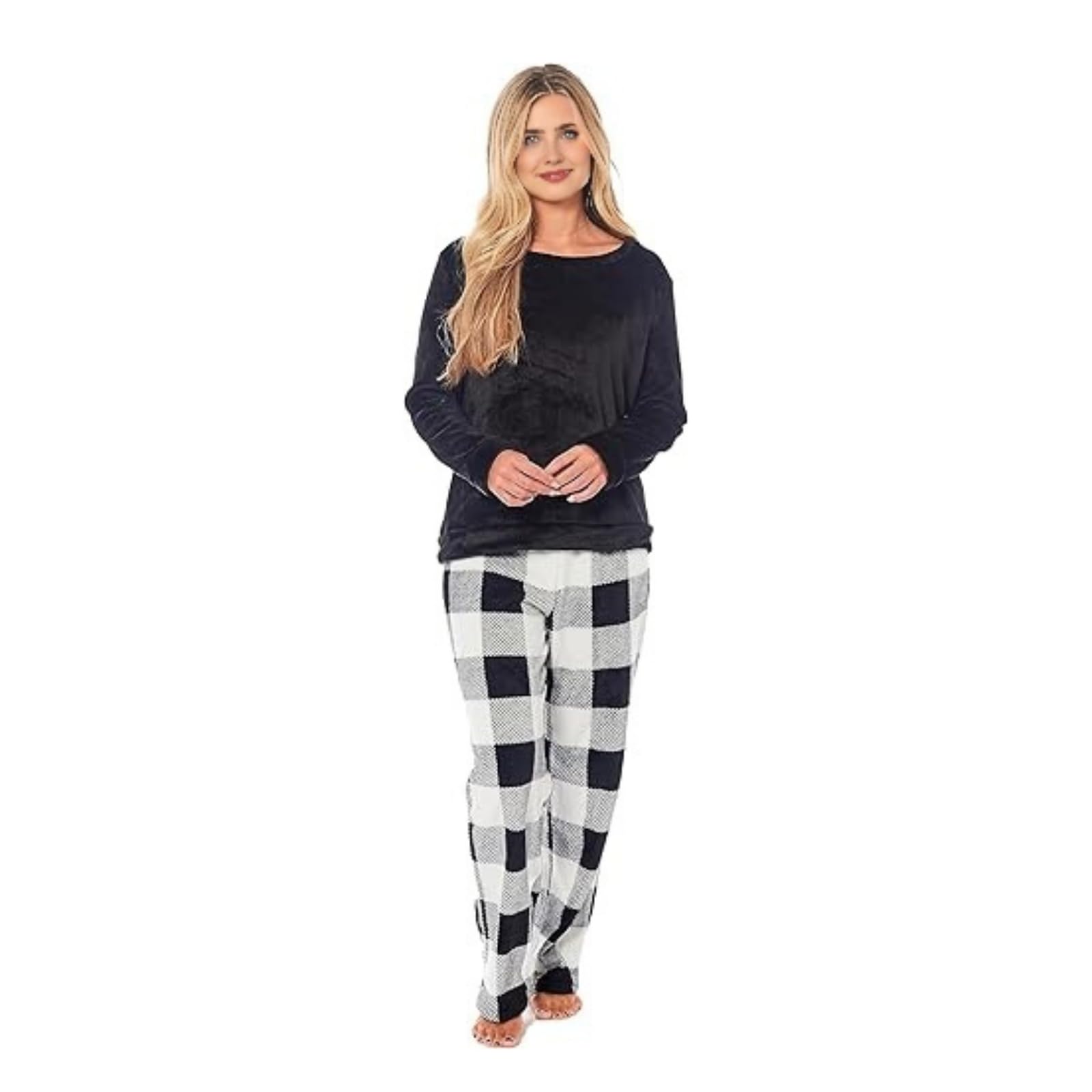 NFK Textile Cozy Buffalo Check Pattern Women's Pyjama Sets - Super Soft Teddy Fleece Lounge Wear Ladies PJ's Snuggle