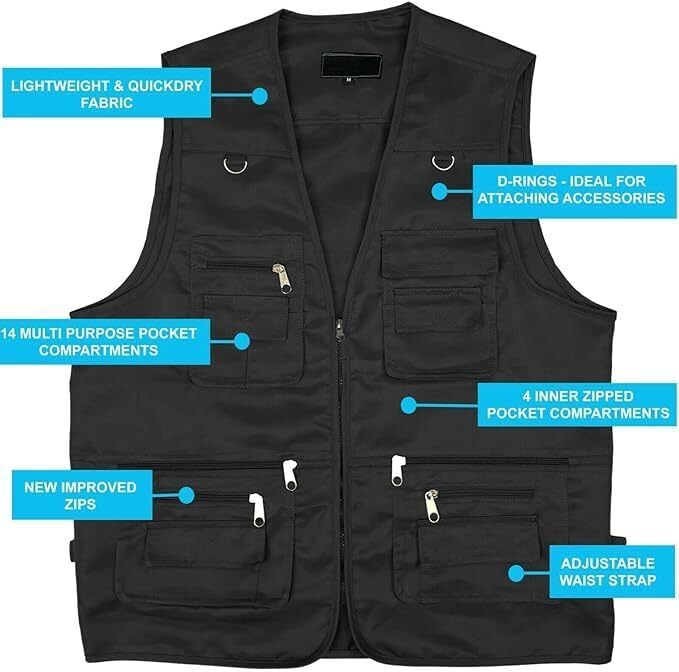 NFK Textile 100% Polycotton Men’s Fisherman Vest Hiking & Outdoor Body Warmer Gillet Utility Multi Pocket Work Wear Fishing & Hunting Vest Black Jackets