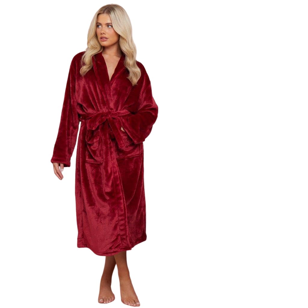 NFK Textile 100% Polyester Flannel Fleece Bathrobe Ladies Soft Grown Dressing Shawl Collar Floral, Plain & Tarten Check Fleece Style Warm Bathrobe