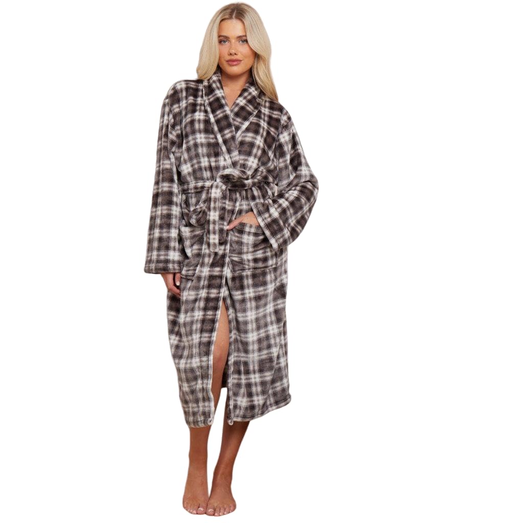 NFK Textile 100% Polyester Flannel Fleece Bathrobe Ladies Soft Grown Dressing Shawl Collar Floral, Plain & Tarten Check Fleece Style Warm Bathrobe