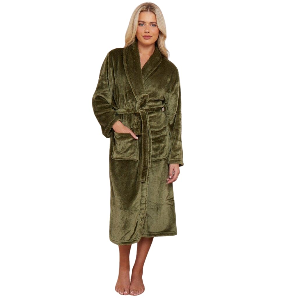 NFK Textile 100% Polyester Flannel Fleece Bathrobe Ladies Soft Grown Dressing Shawl Collar Floral, Plain & Tarten Check Fleece Style Warm Bathrobe