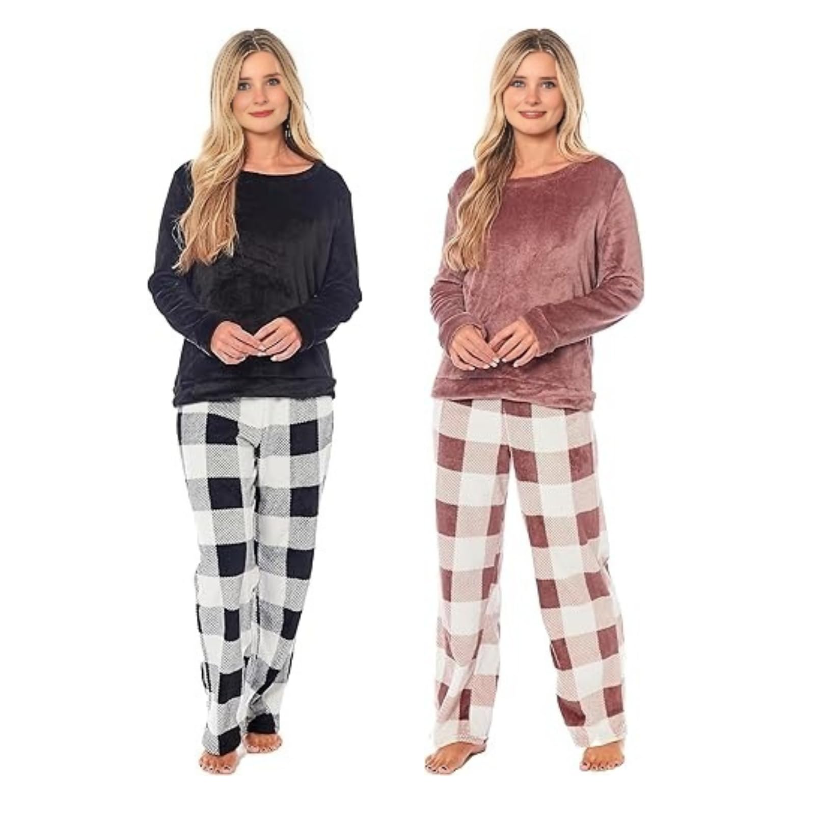 NFK Textile Cozy Buffalo Check Pattern Women's Pyjama Sets - Super Soft Teddy Fleece Lounge Wear Ladies PJ's Snuggle