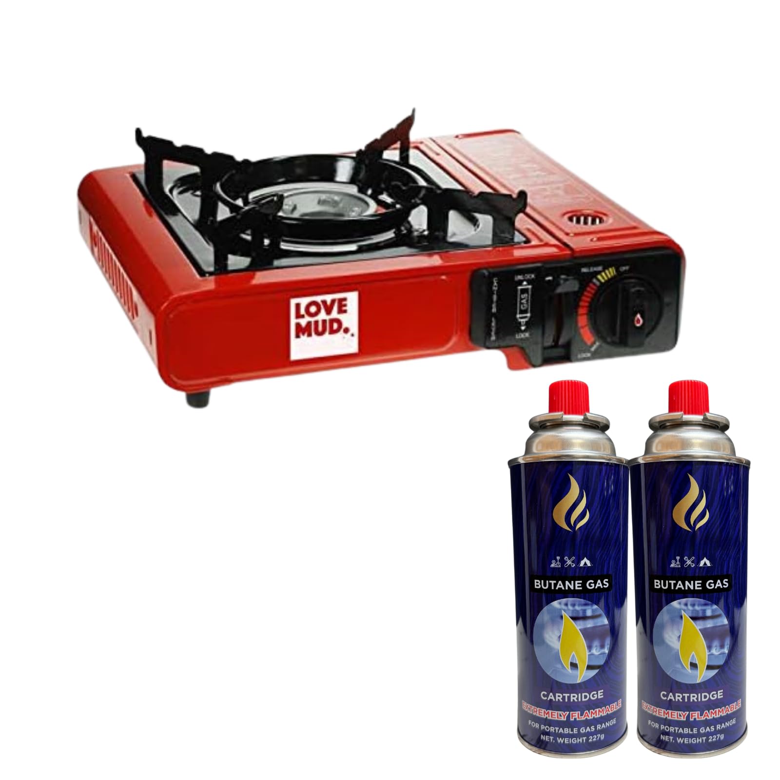 Portable Camping Stove Compact Red Butane Gas with Automatic Ignition, Heat Control & Carry Case for Outdoor BBQ