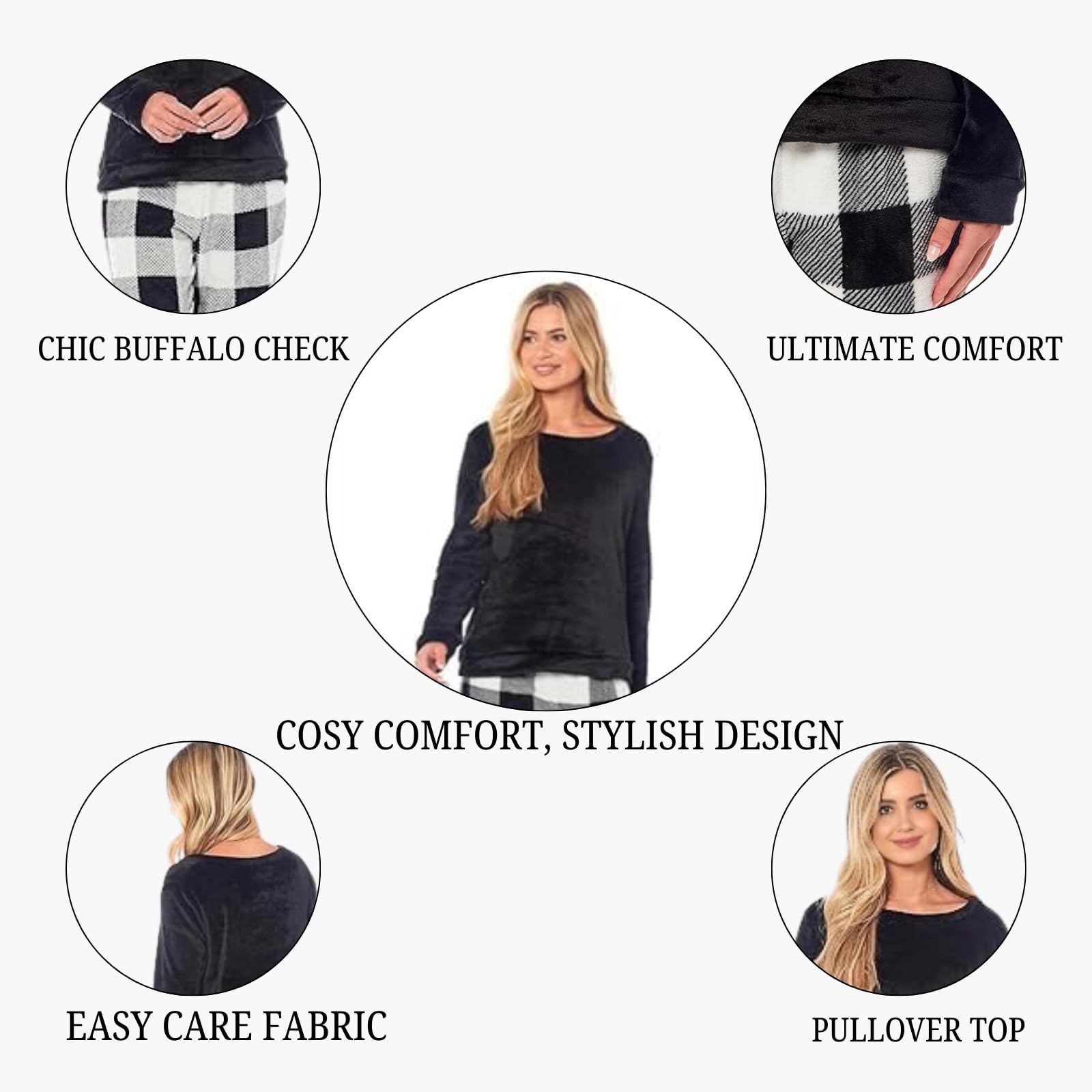 NFK Textile Cozy Buffalo Check Pattern Women's Pyjama Sets - Super Soft Teddy Fleece Lounge Wear Ladies PJ's Snuggle
