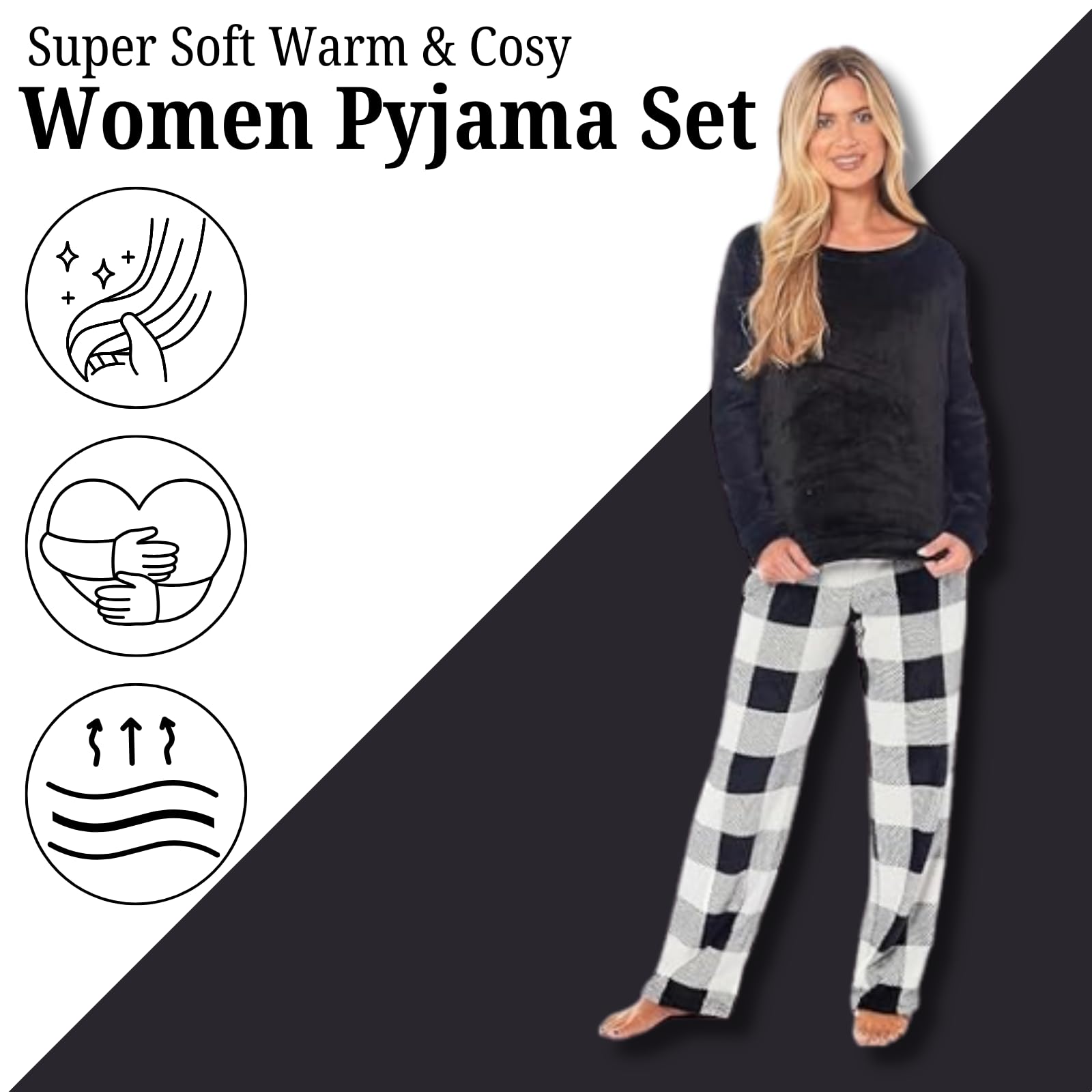 NFK Textile Cozy Buffalo Check Pattern Women's Pyjama Sets - Super Soft Teddy Fleece Lounge Wear Ladies PJ's Snuggle