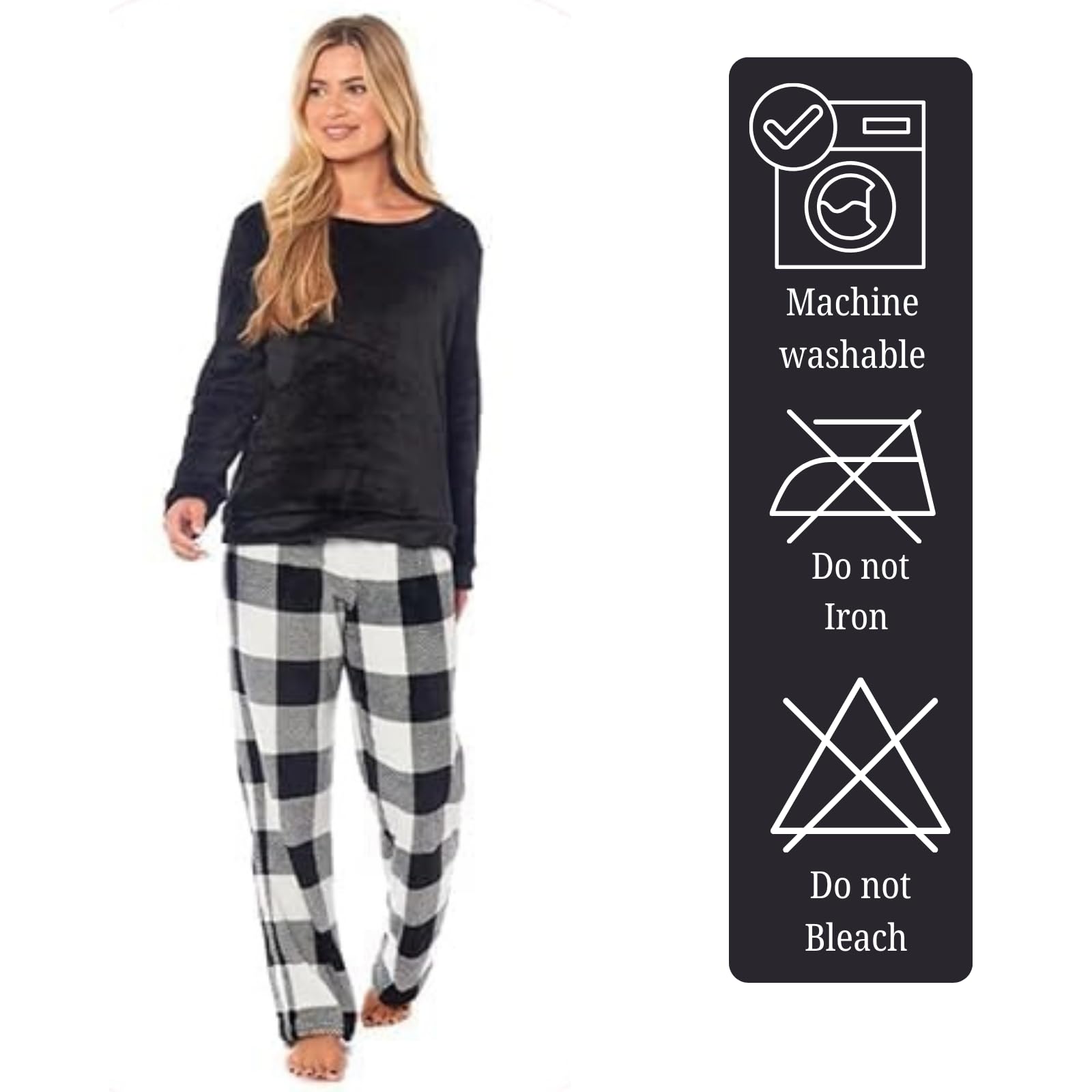 NFK Textile Cozy Buffalo Check Pattern Women's Pyjama Sets - Super Soft Teddy Fleece Lounge Wear Ladies PJ's Snuggle