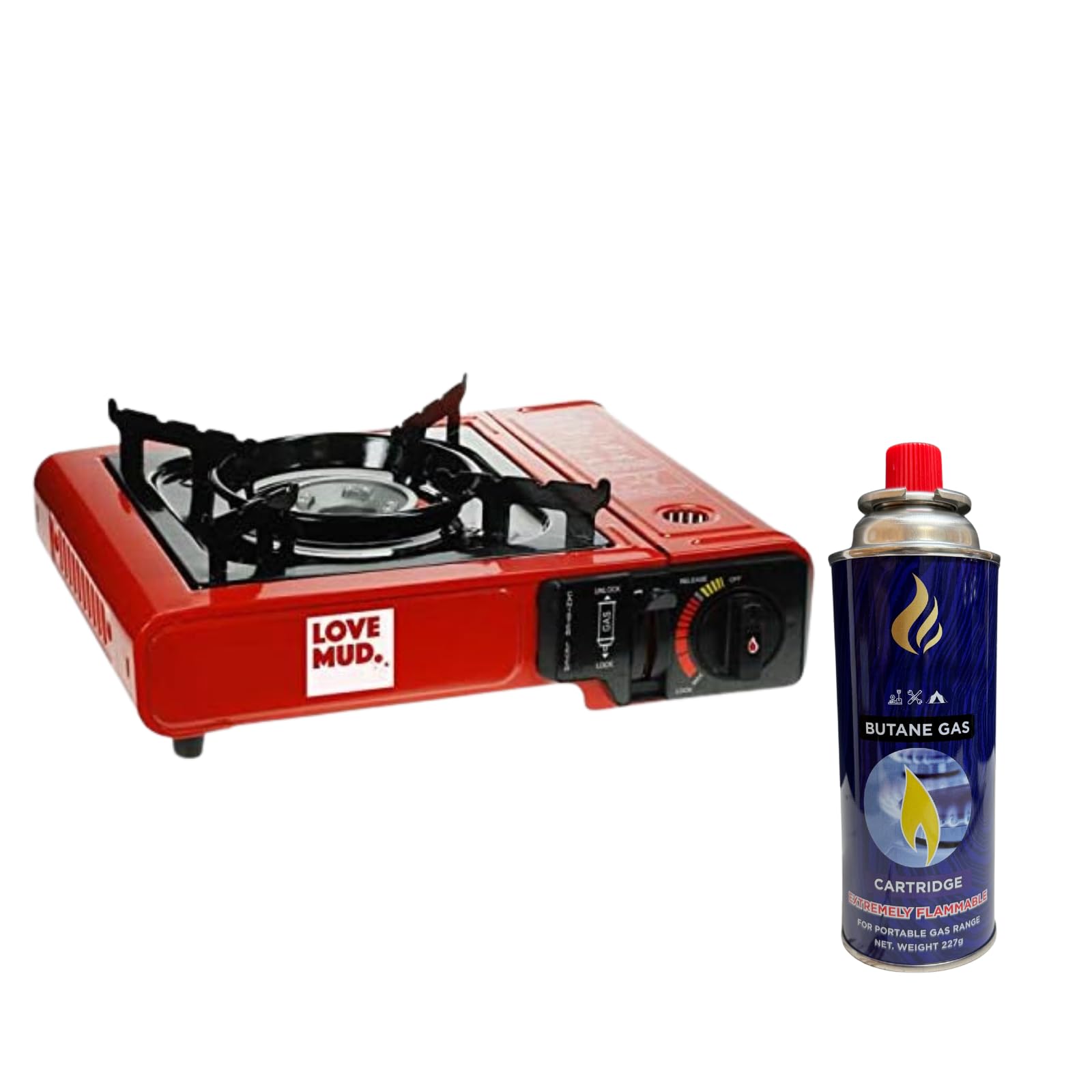 Portable Camping Stove Compact Red Butane Gas with Automatic Ignition, Heat Control & Carry Case for Outdoor BBQ