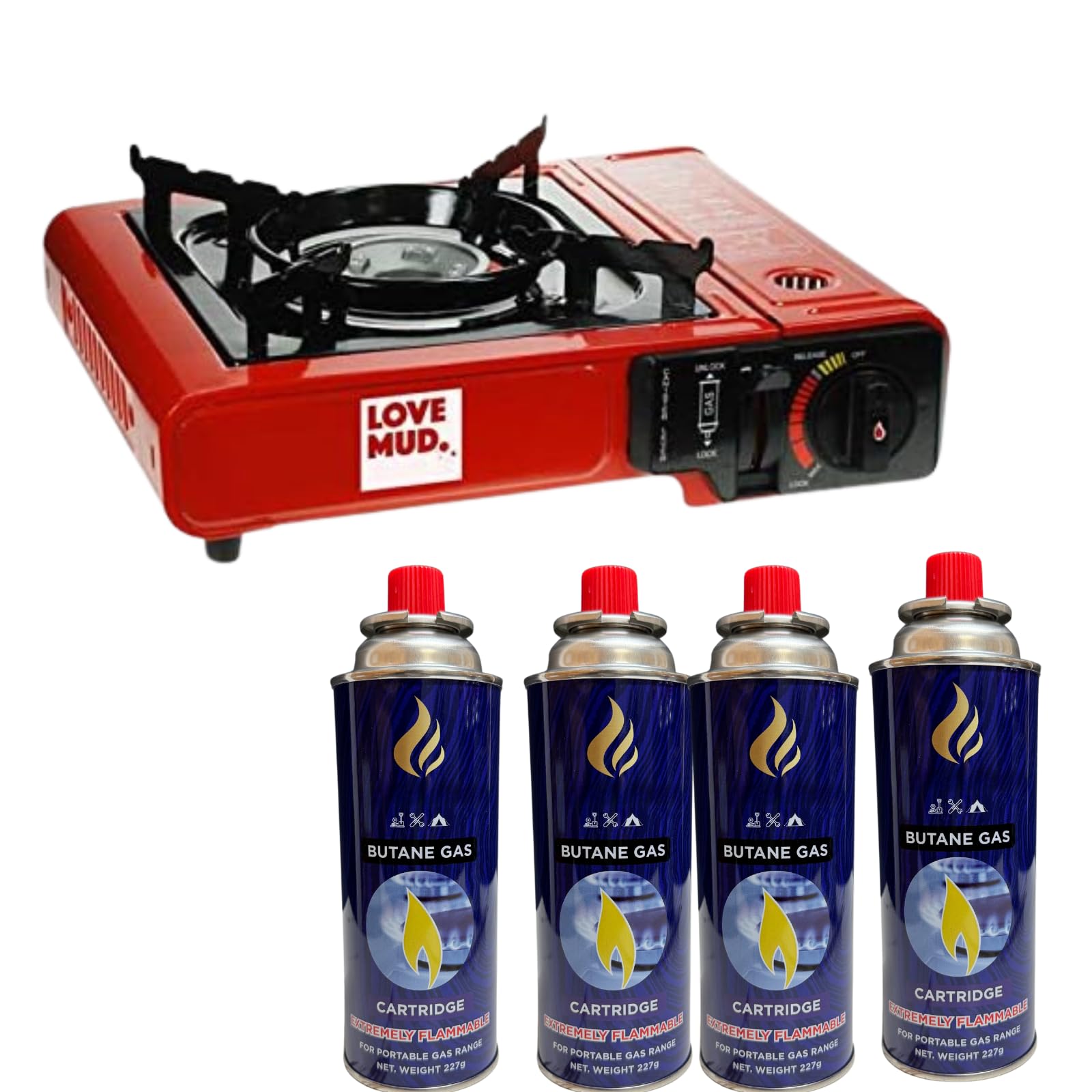 Portable Camping Stove Compact Red Butane Gas with Automatic Ignition, Heat Control & Carry Case for Outdoor BBQ