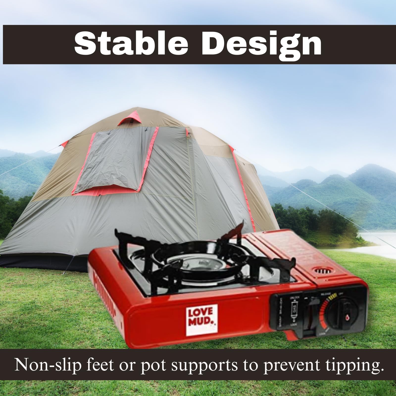 Portable Camping Stove Compact Red Butane Gas with Automatic Ignition, Heat Control & Carry Case for Outdoor BBQ