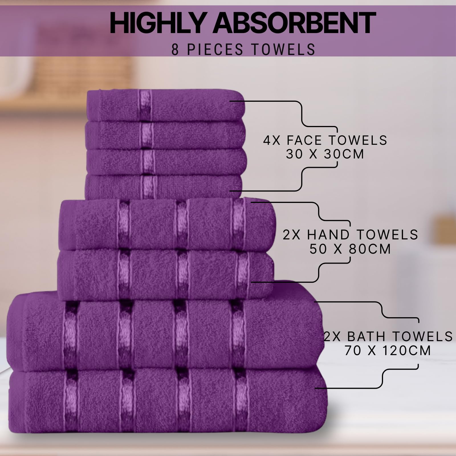 NFK TEXTILE 8-Piece Egyptian Cotton Bath Towel Bale Set - Highly Absorbent, Quick-Drying & Ultra Soft | 4x Face, 2x Hand, 2x Bath Towels | Striped Towel Set