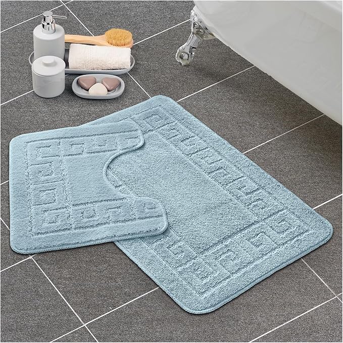 NFK TEXTILE Non-Slip Bathroom Rug Set - 2 Piece Greek Key Pattern Bath Mat & Pedestal Mat, Soft, Washable, Quick Dry & Water Absorbent for Shower & Bathroom Floor