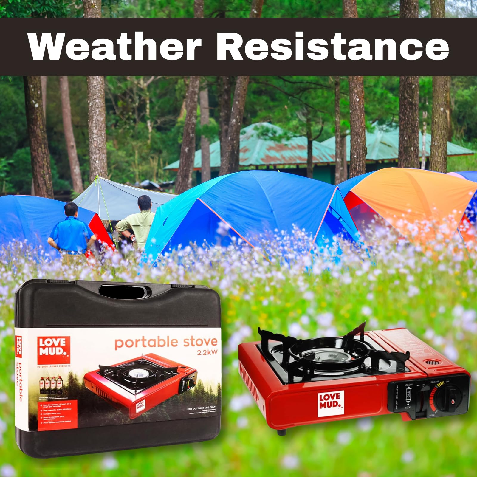 Portable Camping Stove Compact Red Butane Gas with Automatic Ignition, Heat Control & Carry Case for Outdoor BBQ
