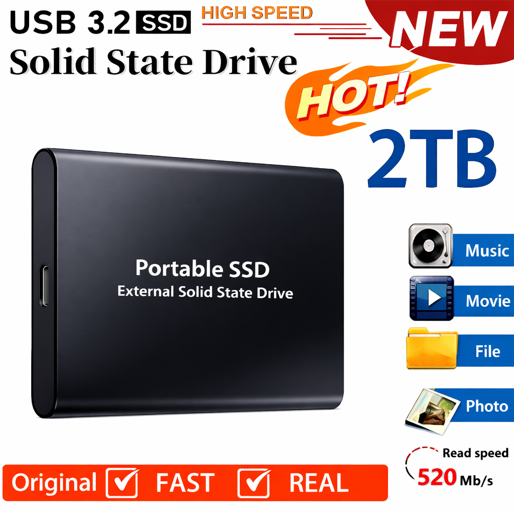 2TB External Hard Drive Mass Capacity Solid State Drive USB3.1 High Speed Transfer Storage Device for PC/Laptop/Mac