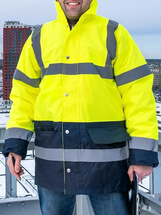 NFK TEXTILE 100% Polyester Fleece Hi Vis Parka Coat High Visibility Coat Work Wear Safety Security Padded Waterproof Taped Work Wear Parka Jacket