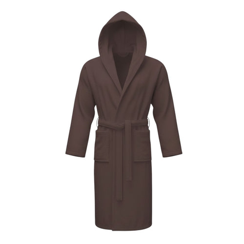 NFK TEXTILE brown hooded 100% Egyptian cotton terry toweling bathrobe with self-tie belt and pockets.